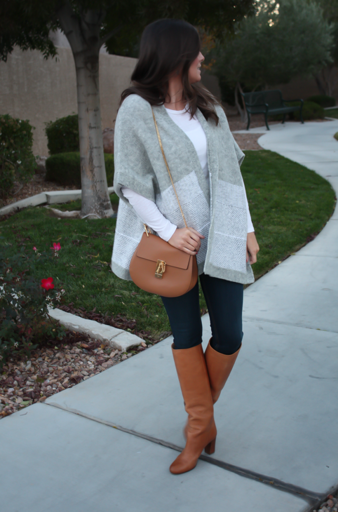 Grey Sweater Wrap, Whit Long Sleeve Tee, Dark Rinse Skinny Jeans, Tall Cognac Leather Boots, Chain Strap Cross Body Bag, Banana Republic, Gap, Rag and Bone, Maison Margiela, Chloe 6