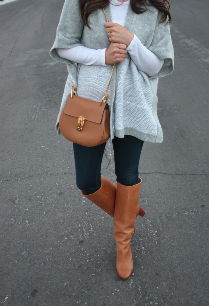 Grey Sweater Wrap, Whit Long Sleeve Tee, Dark Rinse Skinny Jeans, Tall Cognac Leather Boots, Chain Strap Cross Body Bag, Banana Republic, Gap, Rag and Bone, Maison Margiela, Chloe