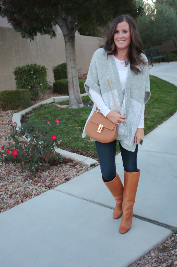 Grey Sweater Wrap, Whit Long Sleeve Tee, Dark Rinse Skinny Jeans, Tall Cognac Leather Boots, Chain Strap Cross Body Bag, Banana Republic, Gap, Rag and Bone, Maison Margiela, Chloe 8