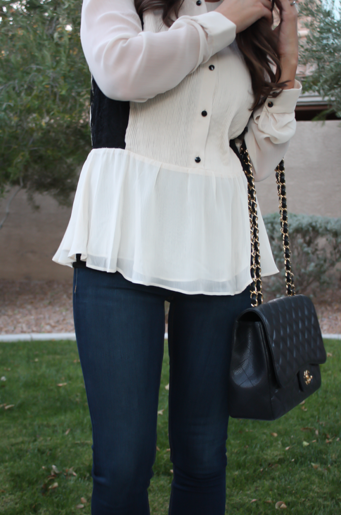 Ivory and Lace Blouse, Dark Rinse Skinny Jeans, Black Bow Strap Heels, Black Quilted Bag, Alice and Olivia, Rag and Bone, J.Crew, Chanel 10