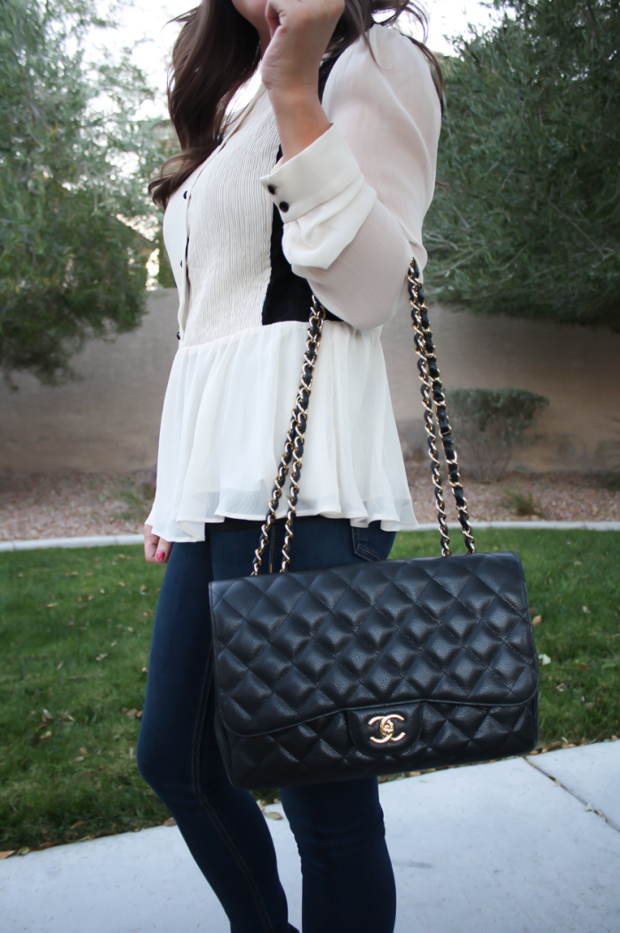 Ivory and Lace Blouse, Dark Rinse Skinny Jeans, Black Bow Strap Heels, Black Quilted Bag, Alice and Olivia, Rag and Bone, J.Crew, Chanel 11