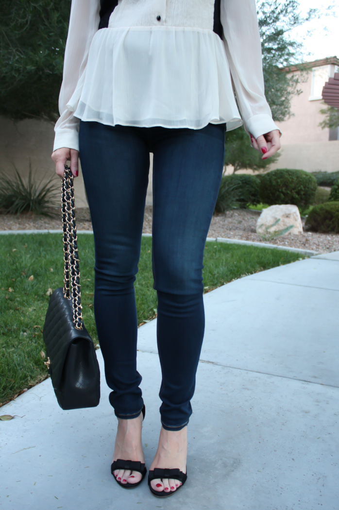 Ivory and Lace Blouse, Dark Rinse Skinny Jeans, Black Bow Strap Heels, Black Quilted Bag, Alice and Olivia, Rag and Bone, J.Crew, Chanel 12