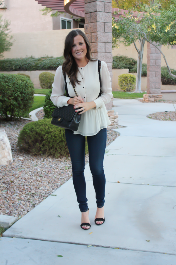 Ivory and Lace Blouse, Dark Rinse Skinny Jeans, Black Bow Strap Heels, Black Quilted Bag, Alice and Olivia, Rag and Bone, J.Crew, Chanel 2