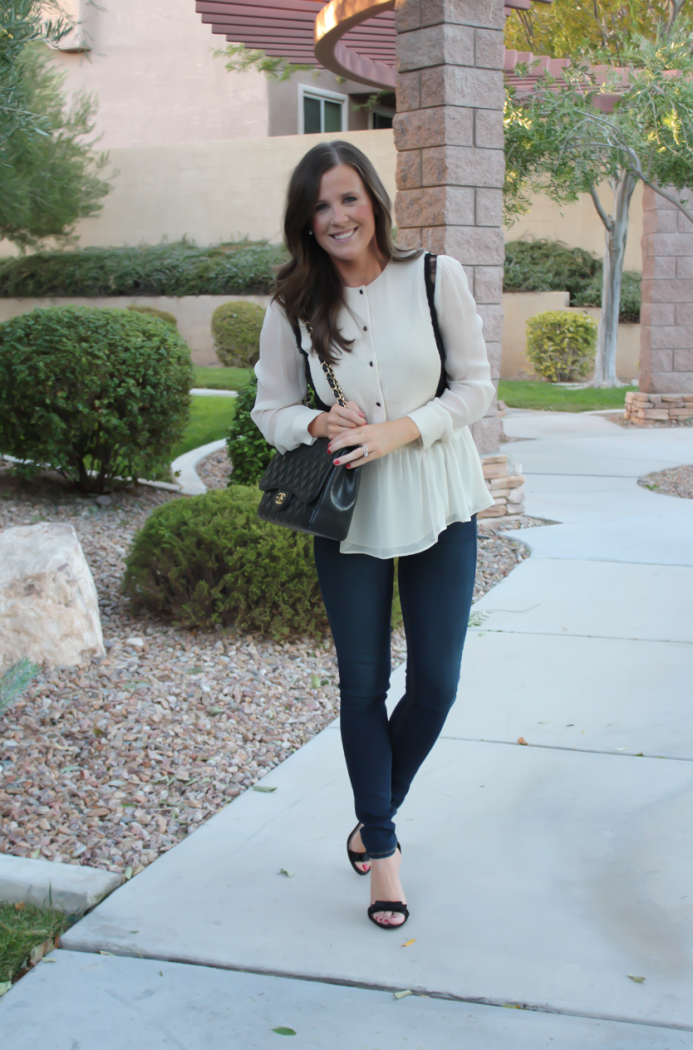 Ivory and Lace Blouse, Dark Rinse Skinny Jeans, Black Bow Strap Heels, Black Quilted Bag, Alice and Olivia, Rag and Bone, J.Crew, Chanel 3