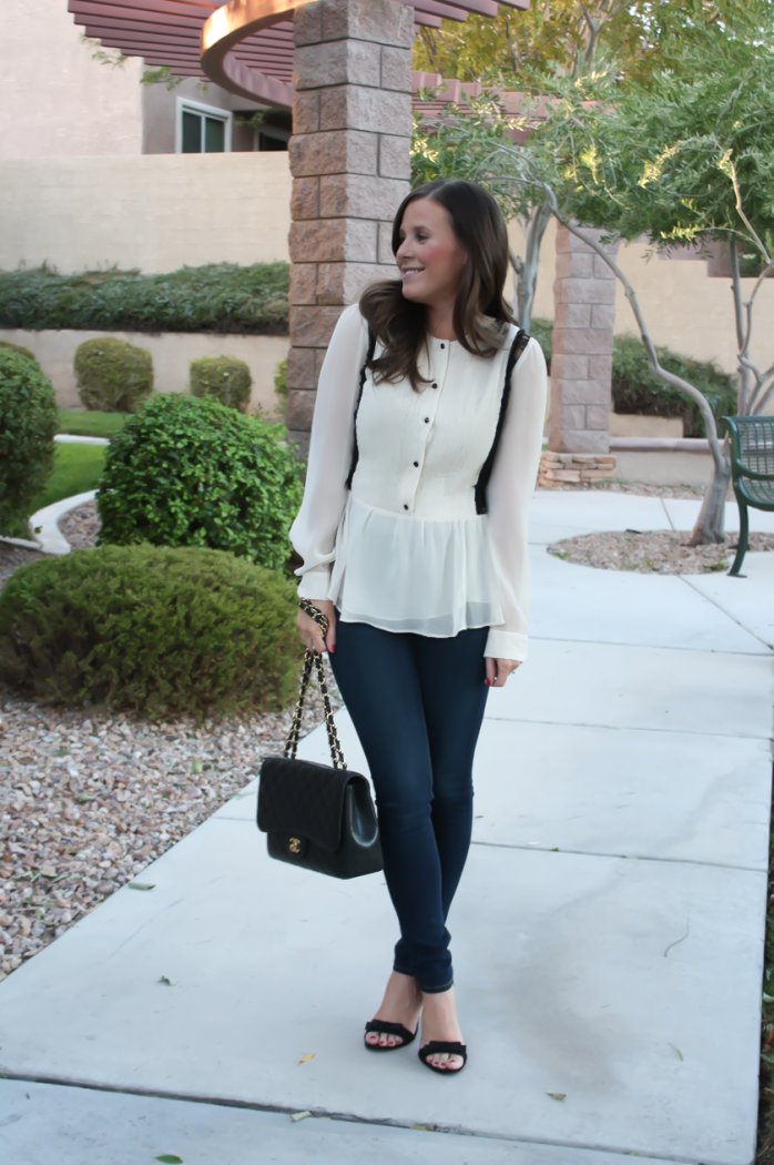 Ivory and Lace Blouse, Dark Rinse Skinny Jeans, Black Bow Strap Heels, Black Quilted Bag, Alice and Olivia, Rag and Bone, J.Crew, Chanel 4