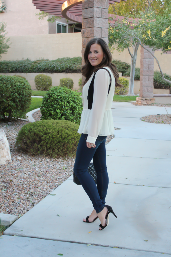 Ivory and Lace Blouse, Dark Rinse Skinny Jeans, Black Bow Strap Heels, Black Quilted Bag, Alice and Olivia, Rag and Bone, J.Crew, Chanel 5