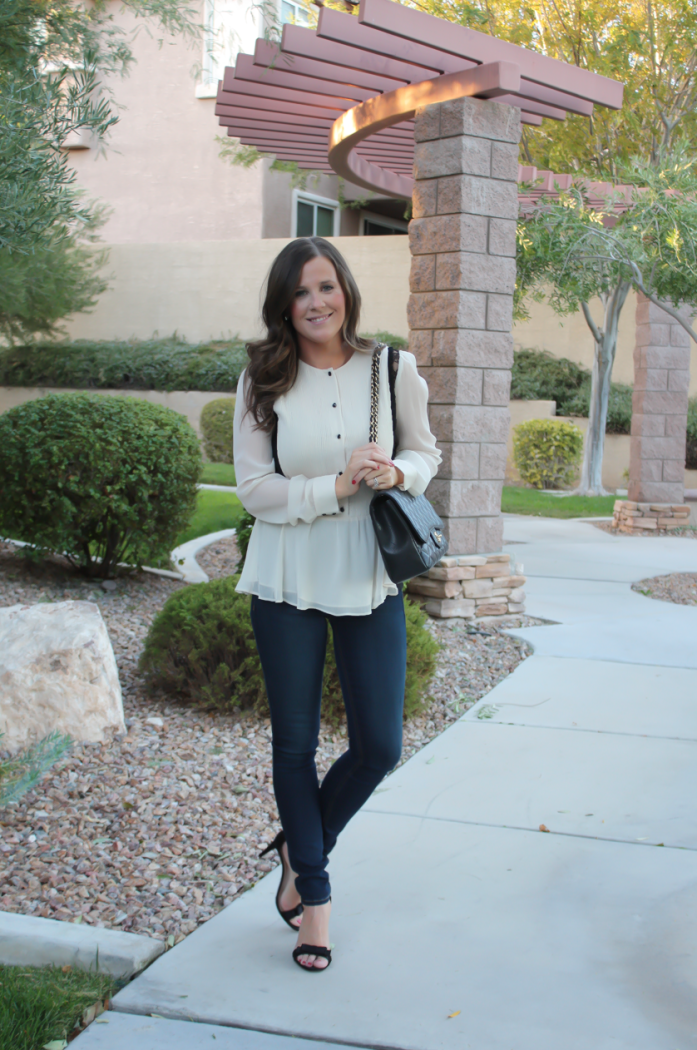 Ivory and Lace Blouse, Dark Rinse Skinny Jeans, Black Bow Strap Heels, Black Quilted Bag, Alice and Olivia, Rag and Bone, J.Crew, Chanel 6