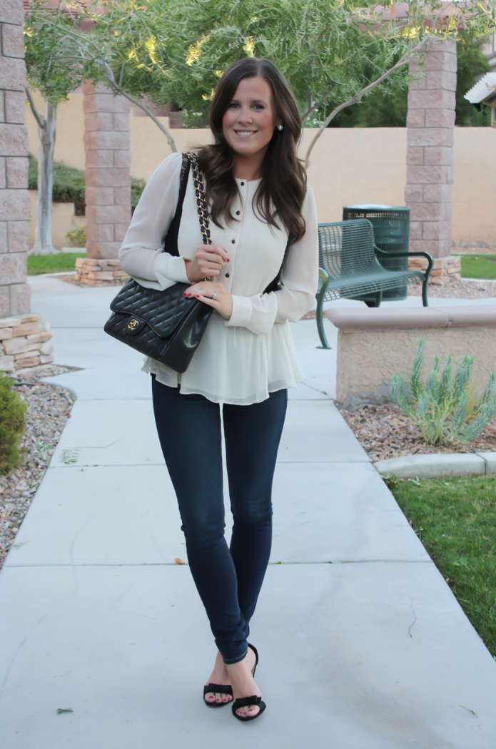 Ivory and Lace Blouse, Dark Rinse Skinny Jeans, Black Bow Strap Heels, Black Quilted Bag, Alice and Olivia, Rag and Bone, J.Crew, Chanel