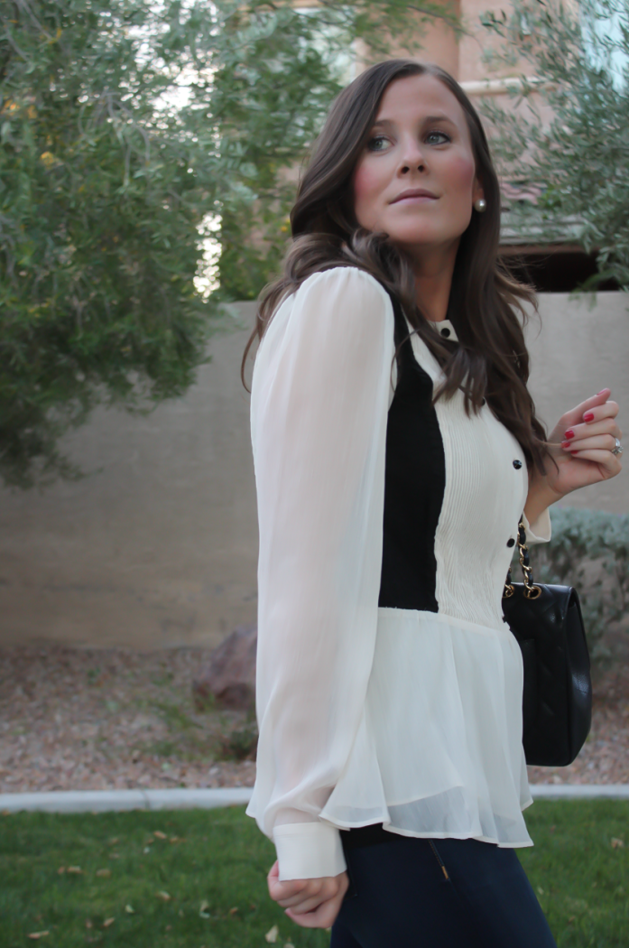 Ivory and Lace Blouse, Dark Rinse Skinny Jeans, Black Bow Strap Heels, Black Quilted Bag, Alice and Olivia, Rag and Bone, J.Crew, Chanel 8