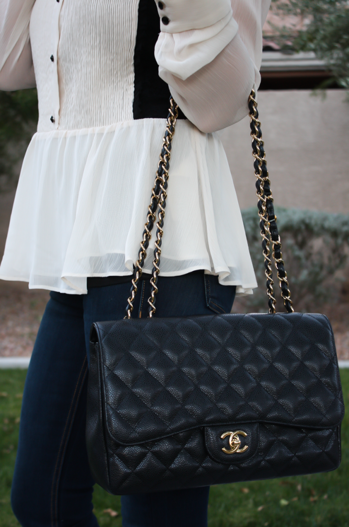 Ivory and Lace Blouse, Dark Rinse Skinny Jeans, Black Bow Strap Heels, Black Quilted Bag, Alice and Olivia, Rag and Bone, J.Crew, Chanel 9