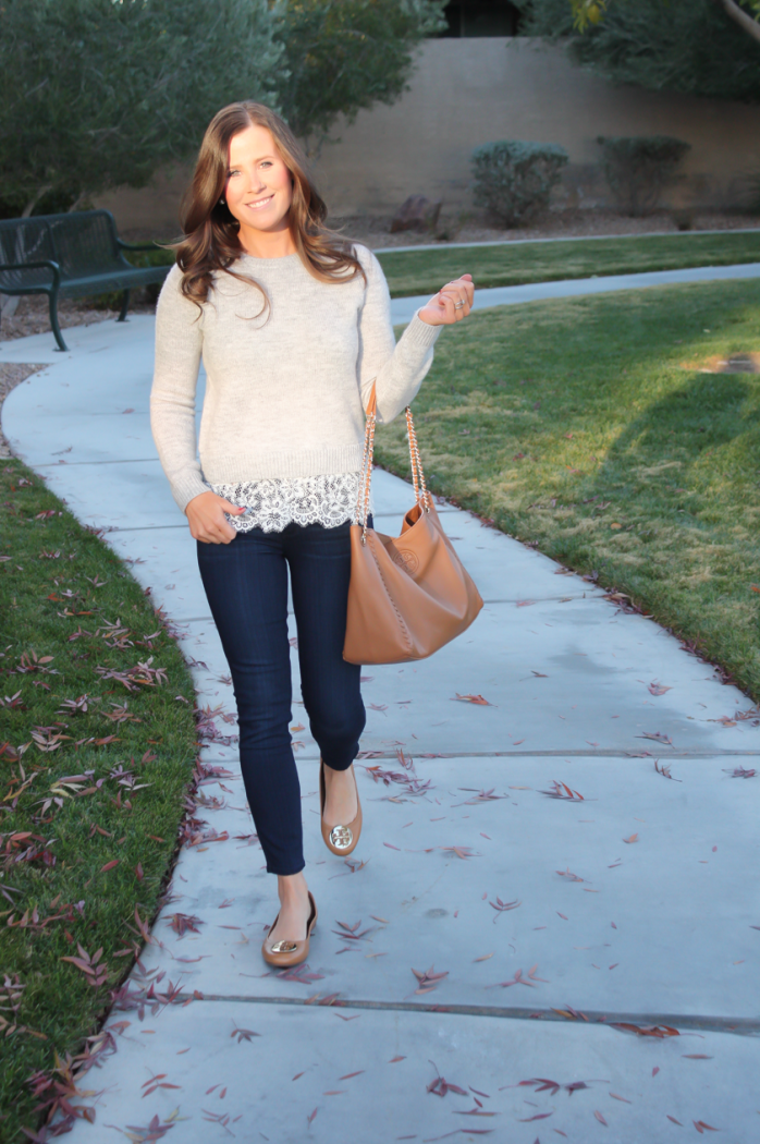 Lace Trim Grey Sweater, Dark Rinse Cropped Jeans, Tan Leather Flats, Tan Leather Tote, Club Monaco, Paige Jeans, Tory Burch 12