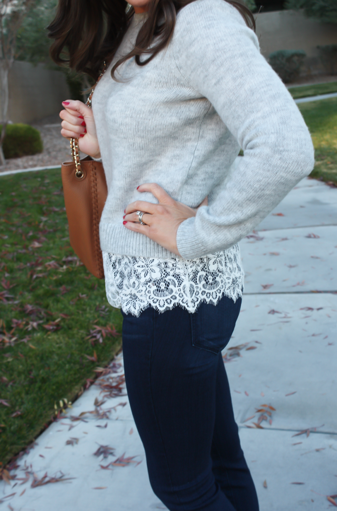 Lace Trim Grey Sweater, Dark Rinse Cropped Jeans, Tan Leather Flats, Tan Leather Tote, Club Monaco, Paige Jeans, Tory Burch 13