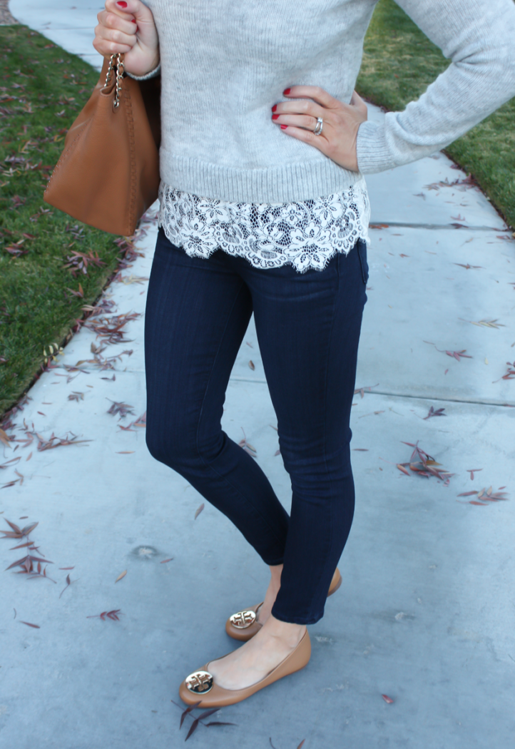 Lace Trim Grey Sweater, Dark Rinse Cropped Jeans, Tan Leather Flats, Tan Leather Tote, Club Monaco, Paige Jeans, Tory Burch 14