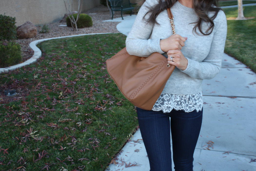 Lace Trim Grey Sweater, Dark Rinse Cropped Jeans, Tan Leather Flats, Tan Leather Tote, Club Monaco, Paige Jeans, Tory Burch 15