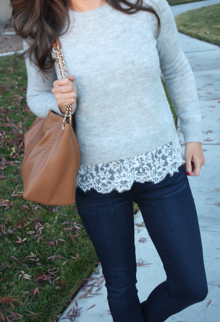 Lace Trim Grey Sweater, Dark Rinse Cropped Jeans, Tan Leather Flats, Tan Leather Tote, Club Monaco, Paige Jeans, Tory Burch 16