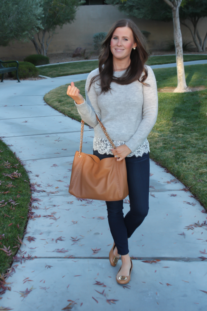 Lace Trim Grey Sweater, Dark Rinse Cropped Jeans, Tan Leather Flats, Tan Leather Tote, Club Monaco, Paige Jeans, Tory Burch 2