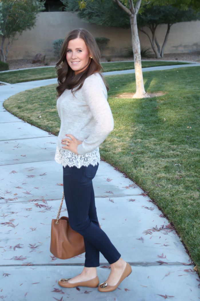 Lace Trim Grey Sweater, Dark Rinse Cropped Jeans, Tan Leather Flats, Tan Leather Tote, Club Monaco, Paige Jeans, Tory Burch 3