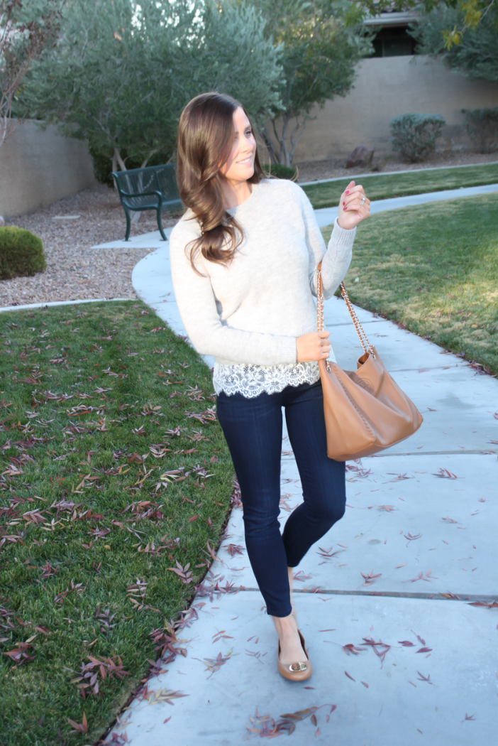 Lace Trim Grey Sweater, Dark Rinse Cropped Jeans, Tan Leather Flats, Tan Leather Tote, Club Monaco, Paige Jeans, Tory Burch 6