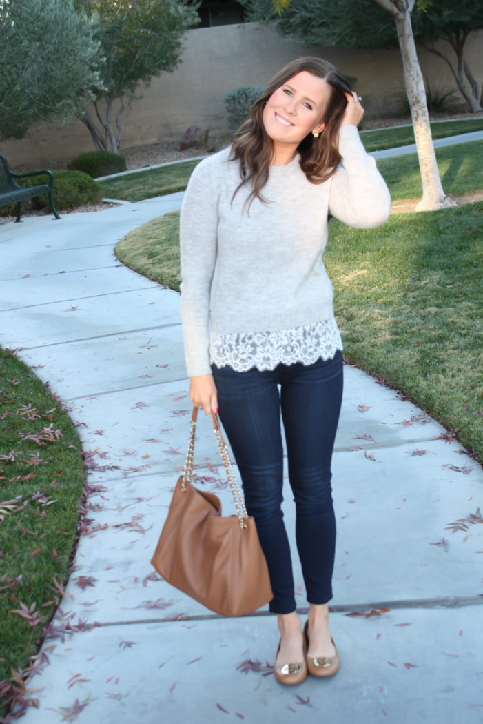 Lace Trim Grey Sweater, Dark Rinse Cropped Jeans, Tan Leather Flats, Tan Leather Tote, Club Monaco, Paige Jeans, Tory Burch 7