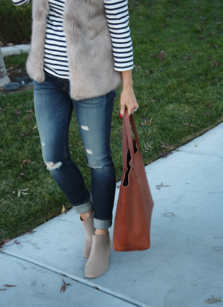 Light Brown Faux Fur Vest, Navy Striped Tee, Distressed Straight Leg Jeans, Tan Suede Booties, Joie, J.Crew, Rag and Bone, Madewell 10