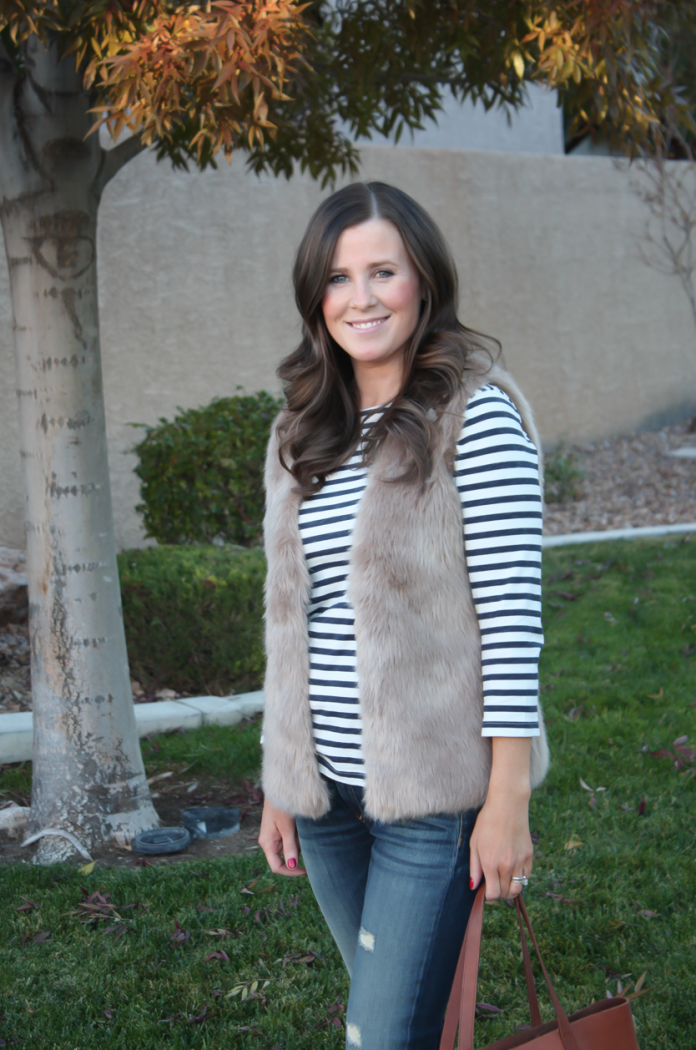 Light Brown Faux Fur Vest, Navy Striped Tee, Distressed Straight Leg Jeans, Tan Suede Booties, Joie, J.Crew, Rag and Bone, Madewell 11