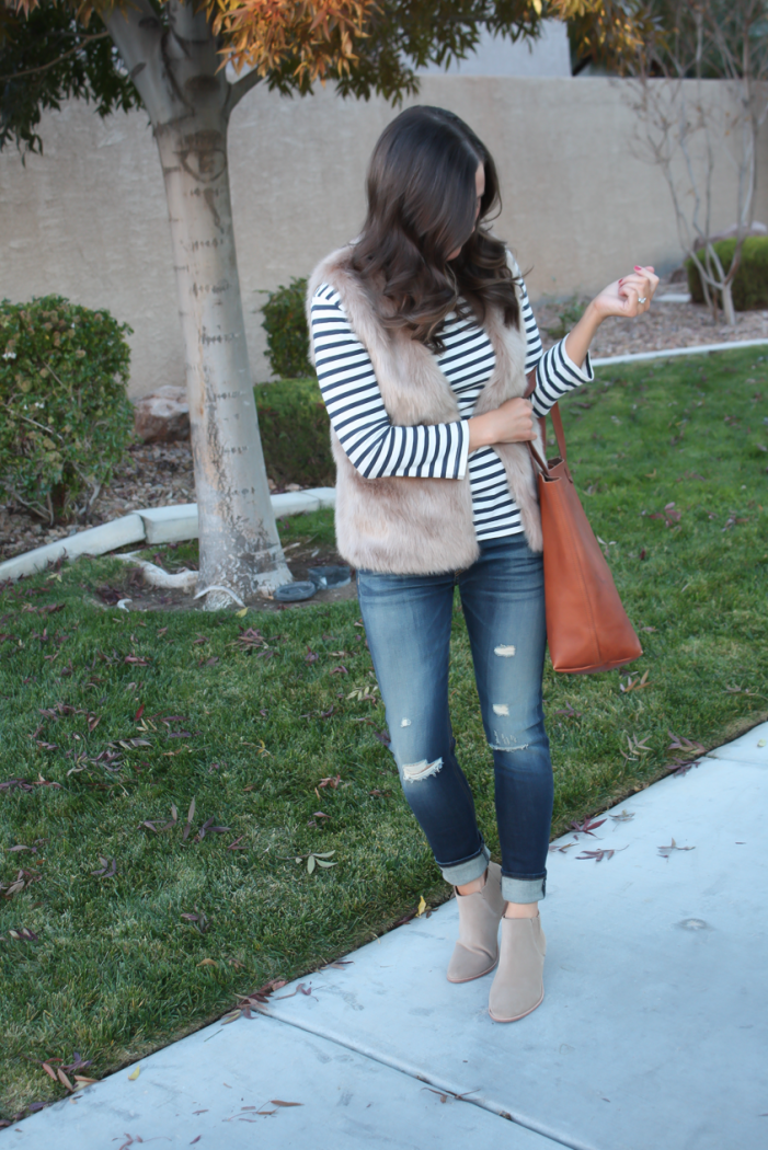 Light Brown Faux Fur Vest, Navy Striped Tee, Distressed Straight Leg Jeans, Tan Suede Booties, Joie, J.Crew, Rag and Bone, Madewell 12