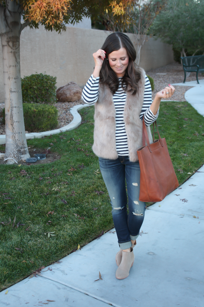 Light Brown Faux Fur Vest, Navy Striped Tee, Distressed Straight Leg Jeans, Tan Suede Booties, Joie, J.Crew, Rag and Bone, Madewell 19