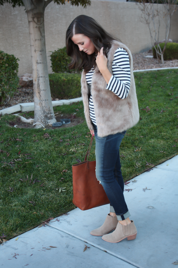 Light Brown Faux Fur Vest, Navy Striped Tee, Distressed Straight Leg Jeans, Tan Suede Booties, Joie, J.Crew, Rag and Bone, Madewell 2