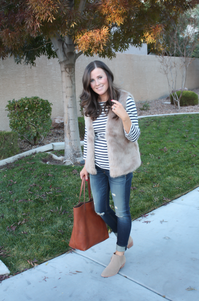 Light Brown Faux Fur Vest, Navy Striped Tee, Distressed Straight Leg Jeans, Tan Suede Booties, Joie, J.Crew, Rag and Bone, Madewell 5