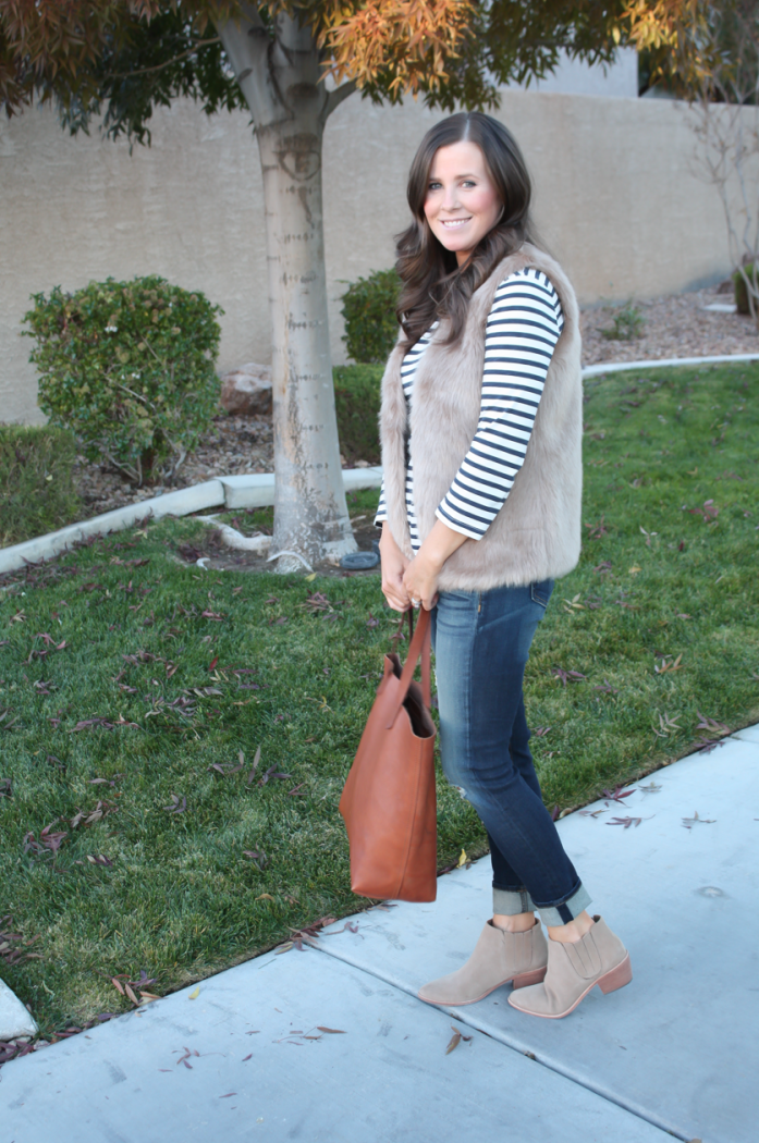 Light Brown Faux Fur Vest, Navy Striped Tee, Distressed Straight Leg Jeans, Tan Suede Booties, Joie, J.Crew, Rag and Bone, Madewell