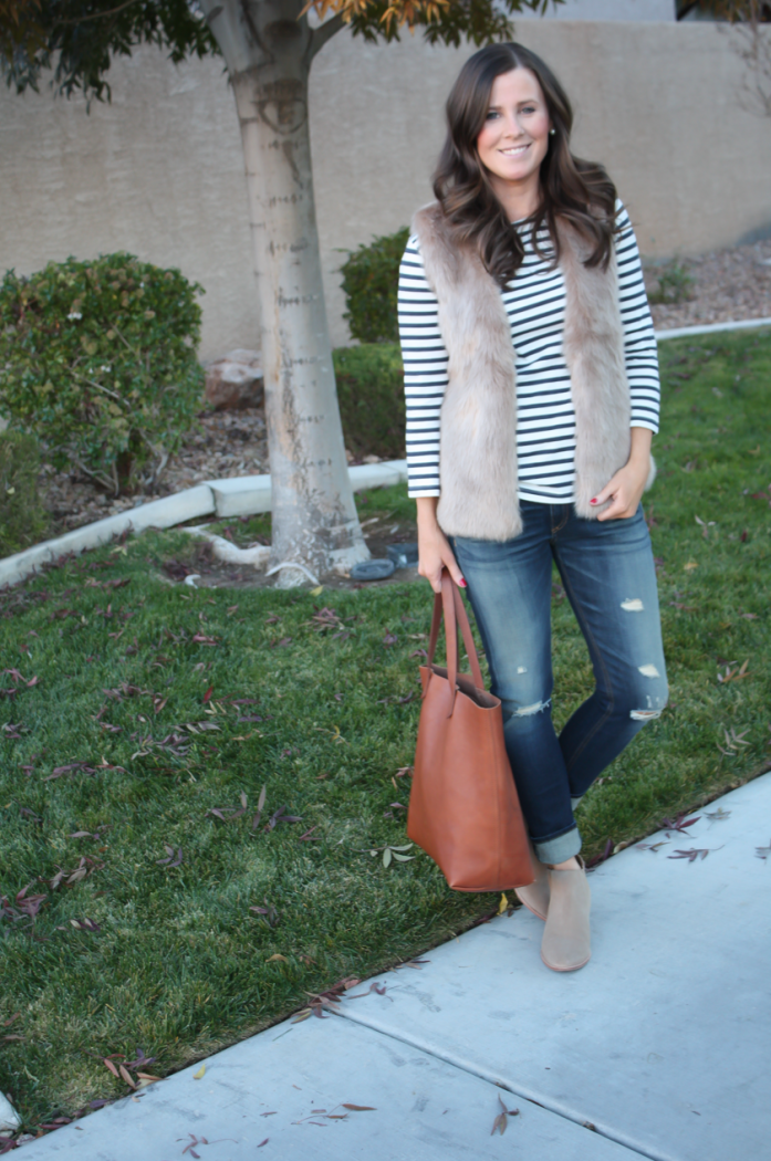 Light Brown Faux Fur Vest, Navy Striped Tee, Distressed Straight Leg Jeans, Tan Suede Booties, Joie, J.Crew, Rag and Bone, Madewell 7