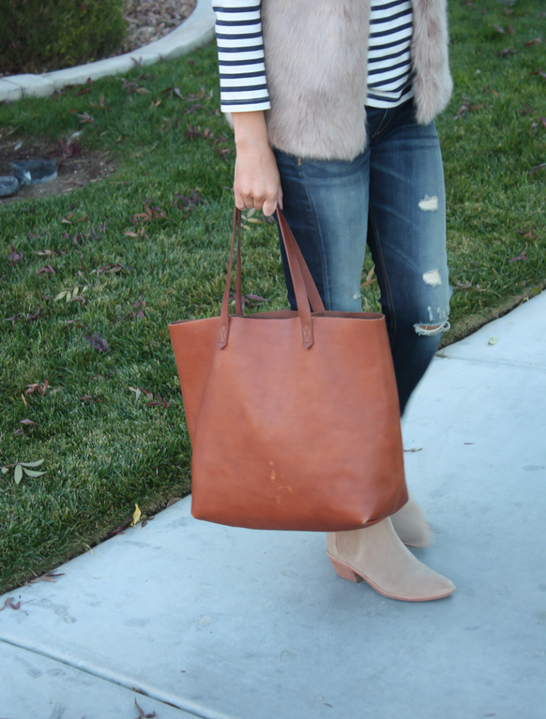 Light Brown Faux Fur Vest, Navy Striped Tee, Distressed Straight Leg Jeans, Tan Suede Booties, Joie, J.Crew, Rag and Bone, Madewell 8