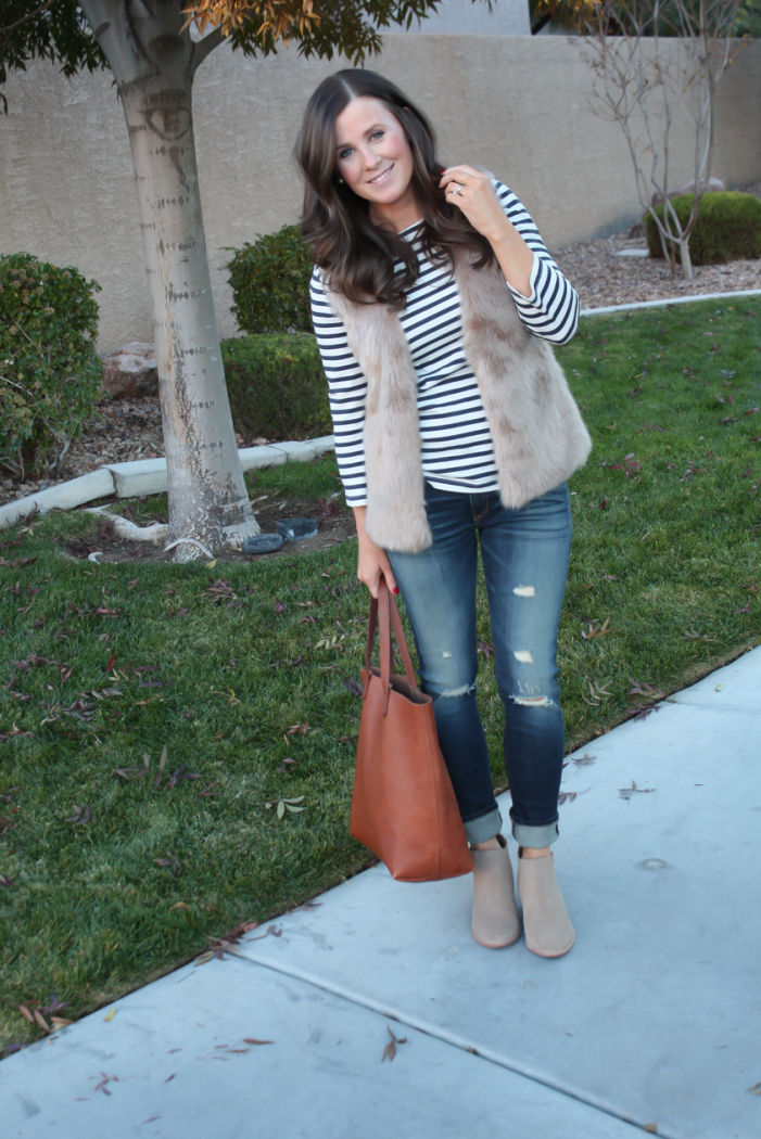 Light Brown Faux Fur Vest, Navy Striped Tee, Distressed Straight Leg Jeans, Tan Suede Booties, Joie, J.Crew, Rag and Bone, Madewell 9