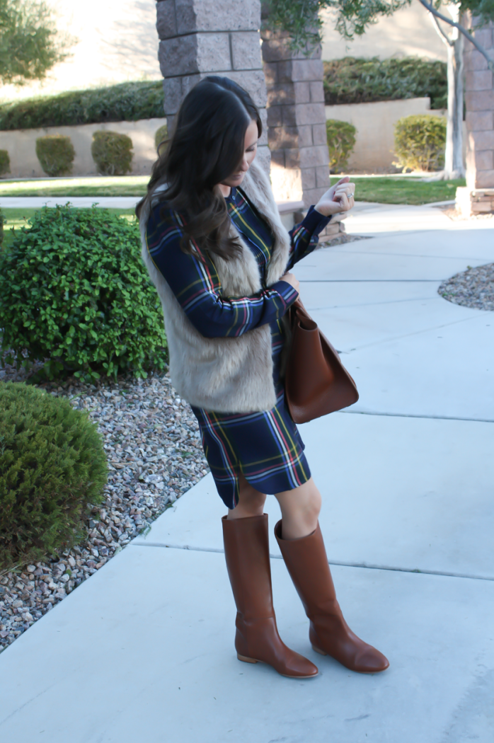 Navy Plaid Shift Dress, Brown Faux Fur Vest, Tall Brown Boots, Brown Leather Tote, Old Navy, Joie, Loeffler Randall, Celine 10