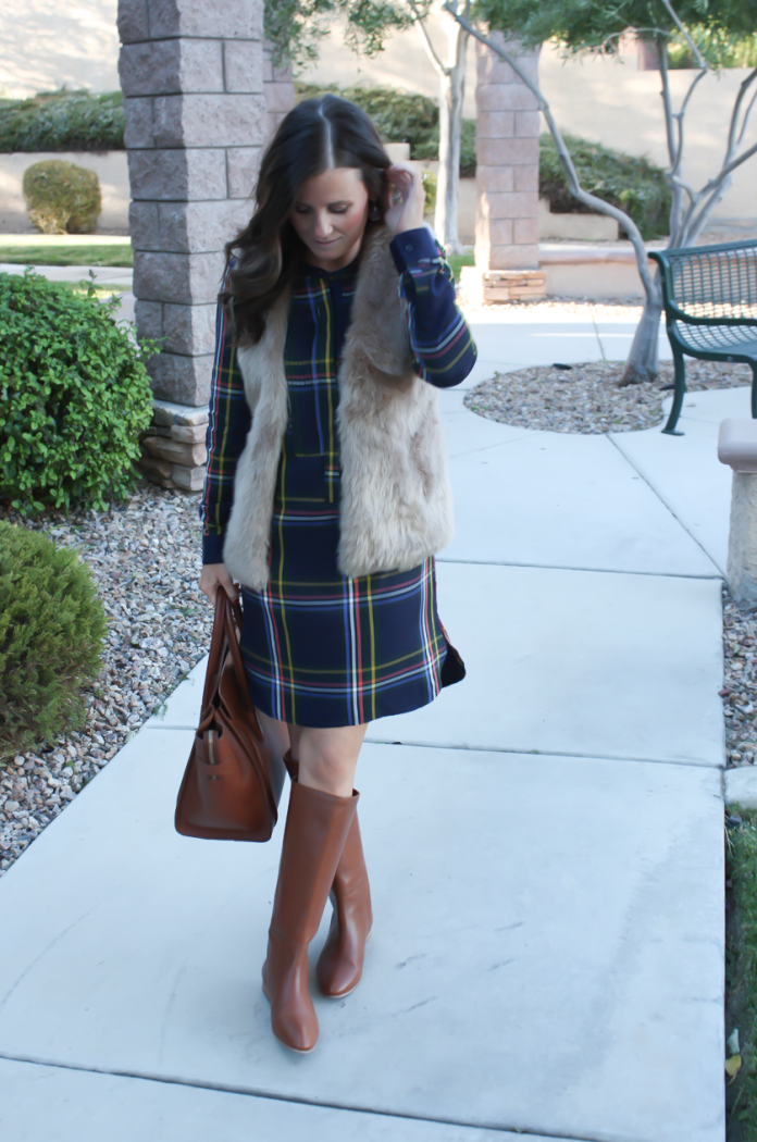 Navy Plaid Shift Dress, Brown Faux Fur Vest, Tall Brown Boots, Brown Leather Tote, Old Navy, Joie, Loeffler Randall, Celine 12