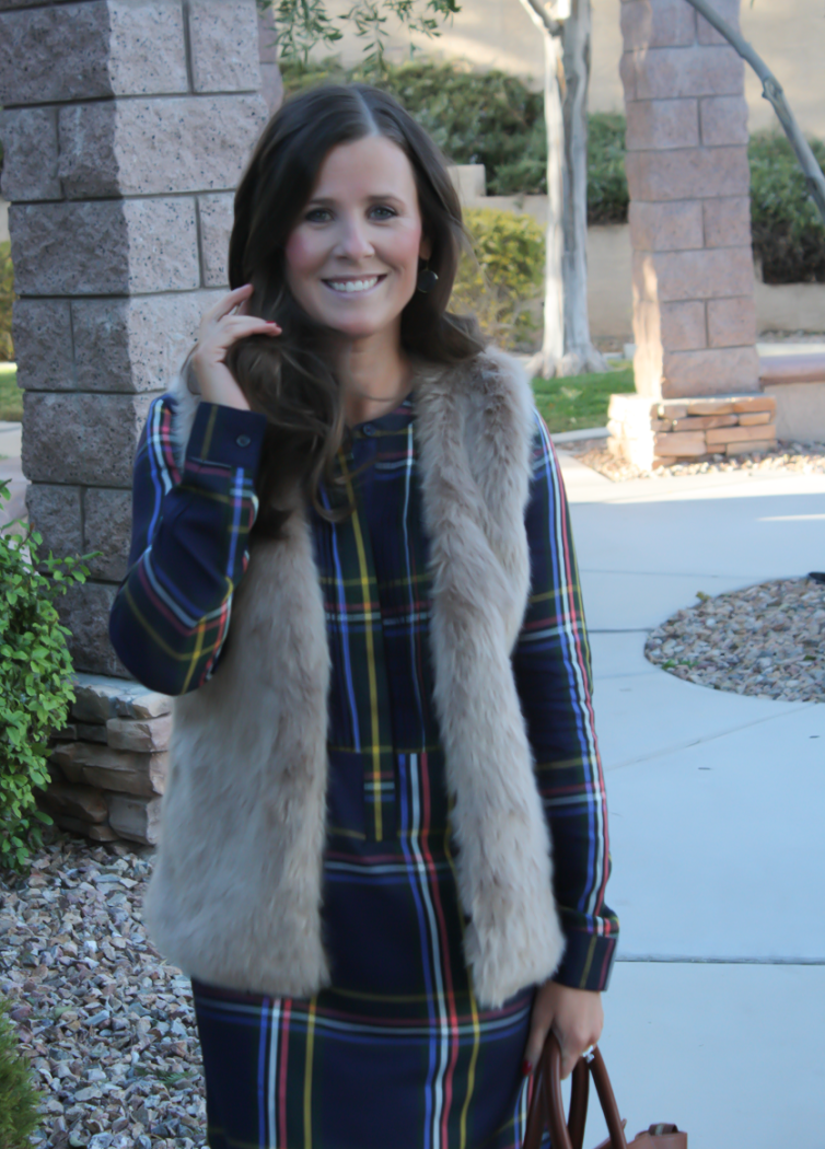 Navy Plaid Shift Dress, Brown Faux Fur Vest, Tall Brown Boots, Brown Leather Tote, Old Navy, Joie, Loeffler Randall, Celine 14