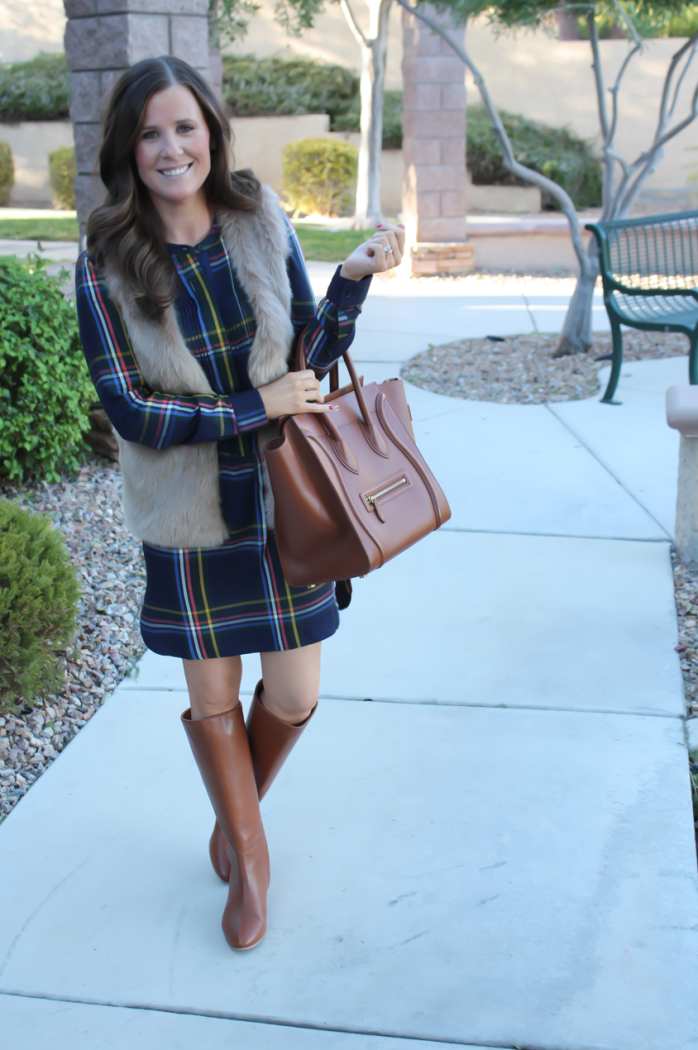 Navy Plaid Shift Dress, Brown Faux Fur Vest, Tall Brown Boots, Brown Leather Tote, Old Navy, Joie, Loeffler Randall, Celine 15