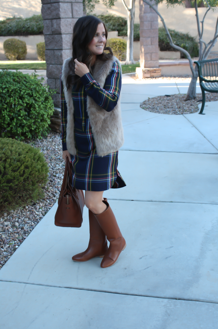 Navy Plaid Shift Dress, Brown Faux Fur Vest, Tall Brown Boots, Brown Leather Tote, Old Navy, Joie, Loeffler Randall, Celine 17