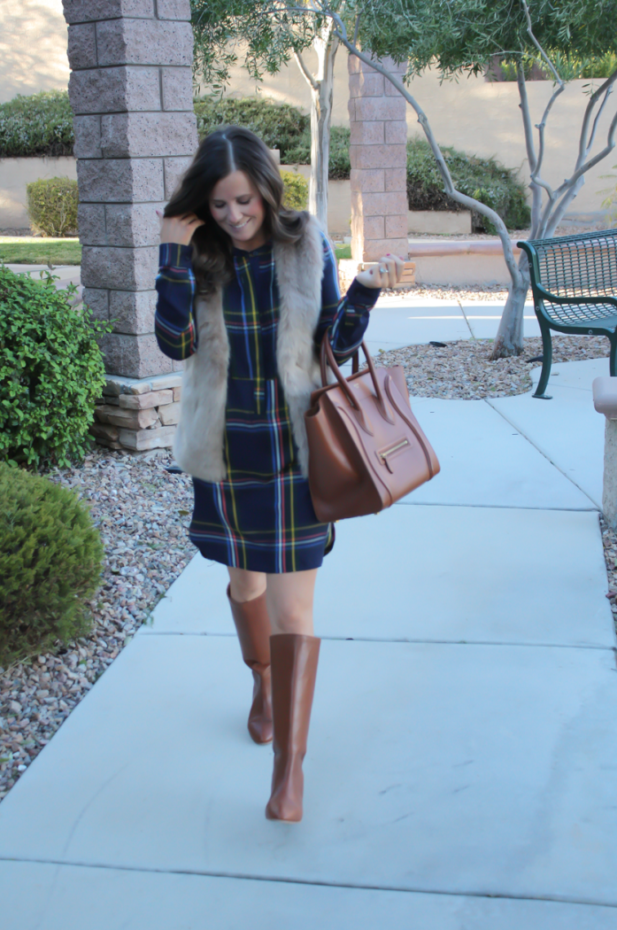 Navy Plaid Shift Dress, Brown Faux Fur Vest, Tall Brown Boots, Brown Leather Tote, Old Navy, Joie, Loeffler Randall, Celine 18