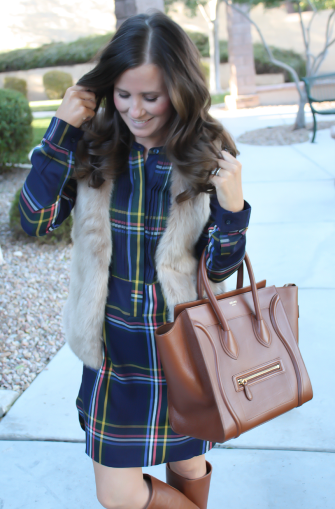 Navy Plaid Shift Dress, Brown Faux Fur Vest, Tall Brown Boots, Brown Leather Tote, Old Navy, Joie, Loeffler Randall, Celine 21