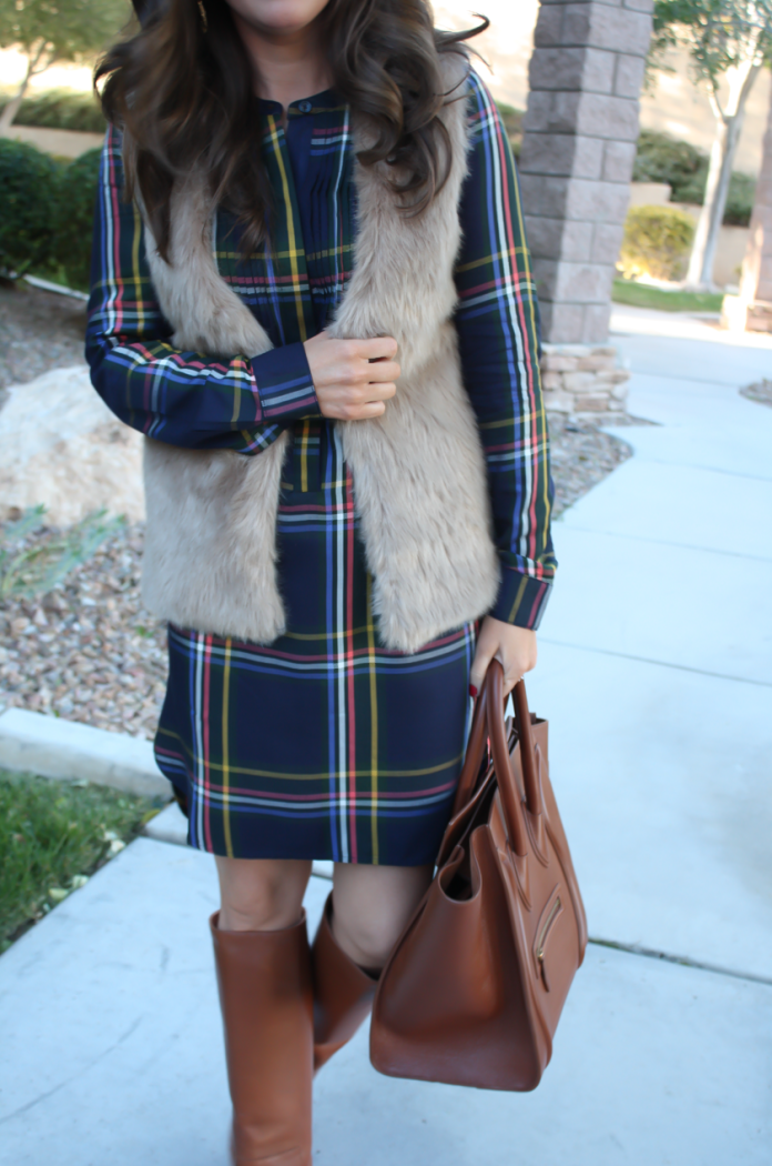 Navy Plaid Shift Dress, Brown Faux Fur Vest, Tall Brown Boots, Brown Leather Tote, Old Navy, Joie, Loeffler Randall, Celine 24