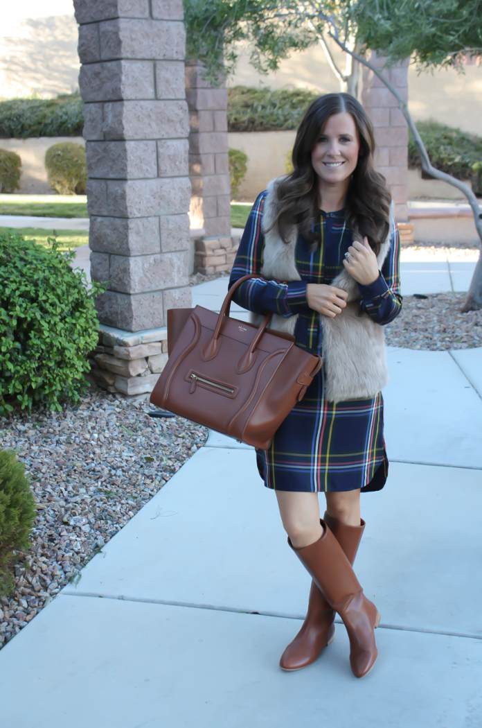 Navy Plaid Shift Dress, Brown Faux Fur Vest, Tall Brown Boots, Brown Leather Tote, Old Navy, Joie, Loeffler Randall, Celine