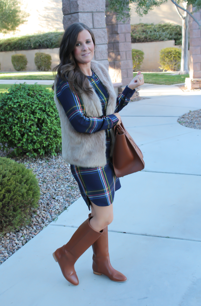 Navy Plaid Shift Dress, Brown Faux Fur Vest, Tall Brown Boots, Brown Leather Tote, Old Navy, Joie, Loeffler Randall, Celine 9