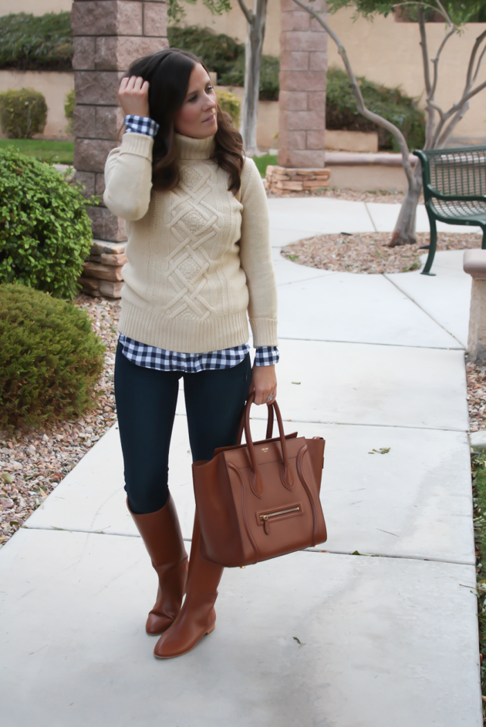 Tan Cable Knit Turtleneck, Navy Gingham Shirt, Dark Wash Skinny Jeans, Brown Tall Boots, Brown Tote Bag, J.Crew, Rag & Bone Jean, Loeffler Randall, Celine 12