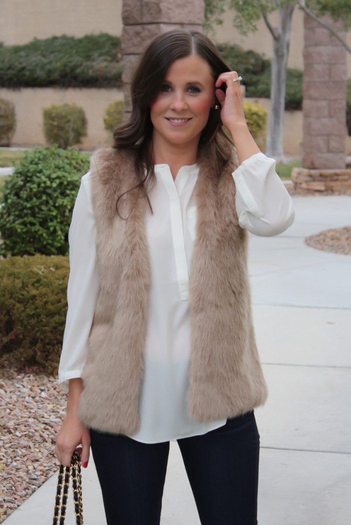 Brown Faux Fur Vest, Ivory Tunic Blouse, Dark Rinse Cropped Skinny Jeans, Ivory Heels, Black Chain Strap Bag, Nordstrom, Joie, NYDJ Blouse, Paige Jeans, JCrew, Chanel 2