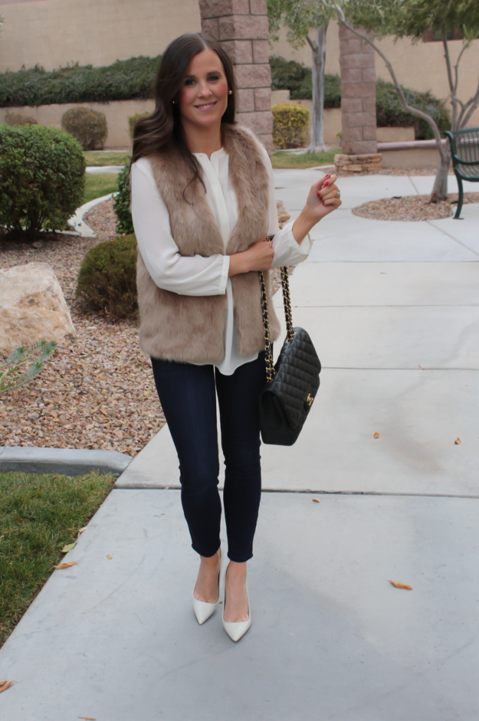 Brown Faux Fur Vest, Ivory Tunic Blouse, Dark Rinse Cropped Skinny Jeans, Ivory Heels, Black Chain Strap Bag, Nordstrom, Joie, NYDJ Blouse, Paige Jeans, JCrew, Chanel 4