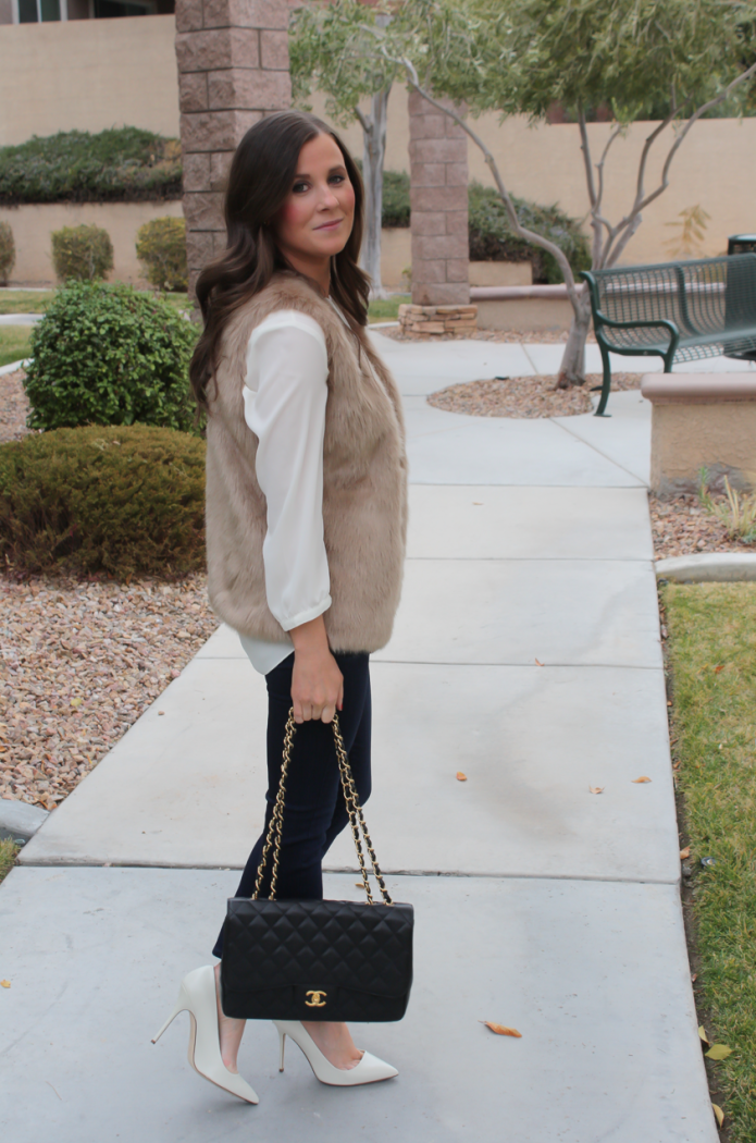 Brown Faux Fur Vest, Ivory Tunic Blouse, Dark Rinse Cropped Skinny Jeans, Ivory Heels, Black Chain Strap Bag, Nordstrom, Joie, NYDJ Blouse, Paige Jeans, JCrew, Chanel 5