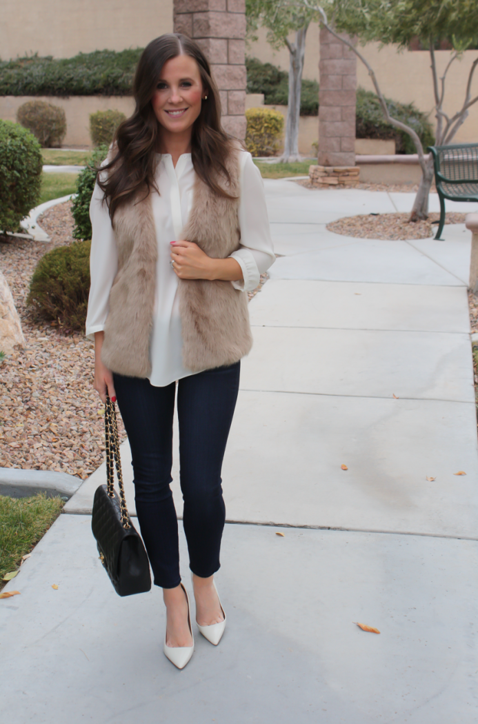 Brown Faux Fur Vest, Ivory Tunic Blouse, Dark Rinse Cropped Skinny Jeans, Ivory Heels, Black Chain Strap Bag, Nordstrom, Joie, NYDJ Blouse, Paige Jeans, JCrew, Chanel 6