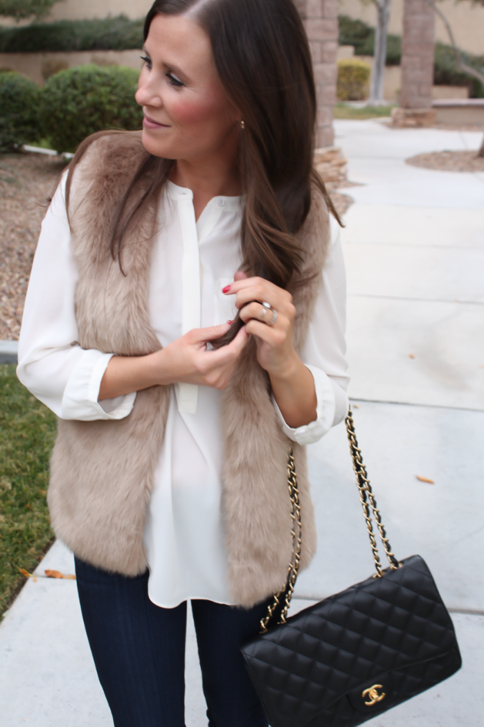 Brown Faux Fur Vest, Ivory Tunic Blouse, Dark Rinse Cropped Skinny Jeans, Ivory Heels, Black Chain Strap Bag, Nordstrom, Joie, NYDJ Blouse, Paige Jeans, JCrew, Chanel 7