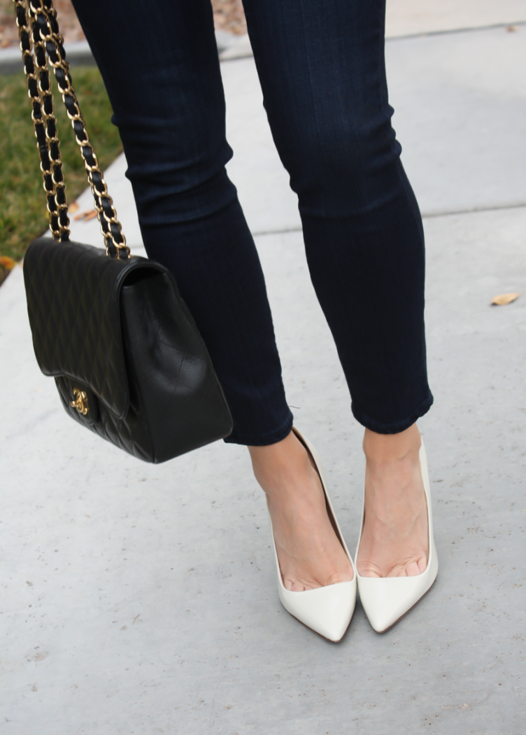 Brown Faux Fur Vest, Ivory Tunic Blouse, Dark Rinse Cropped Skinny Jeans, Ivory Heels, Black Chain Strap Bag, Nordstrom, Joie, NYDJ Blouse, Paige Jeans, JCrew, Chanel 8